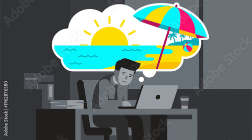 Stressed man in 2d vector works remotely, dreaming of a colorful beach vacation, showing hybrid work challenges.
