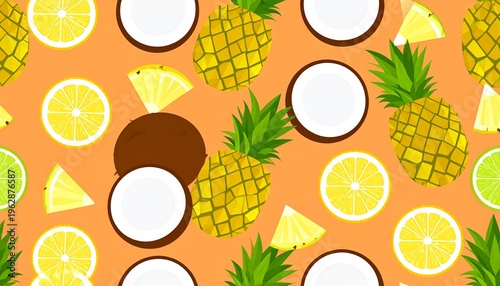 Vibrant Seamless Tropical Fruit Pattern with Pineapple Coconut and Lemon Slices on Orange Background