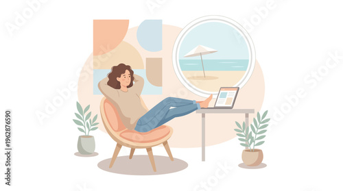 Pastel 2d vector of a woman relaxing with a laptop, envisioning a beach vacation while hybrid working.