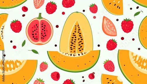 Seamless Summer Fruit Pattern Illustration with Sliced Melon Raspberries and Tropical Guava for Textile and Wallpaper Design