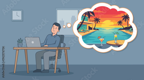 A stressed man working remotely dreams of a tropical vacation, illustrating the challenges of hybrid work.