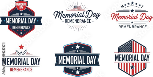 Collection of Memorial Day remembrance badges and logos featuring patriotic American flag colors, stars, and stripes designs, perfect for holiday celebrations.