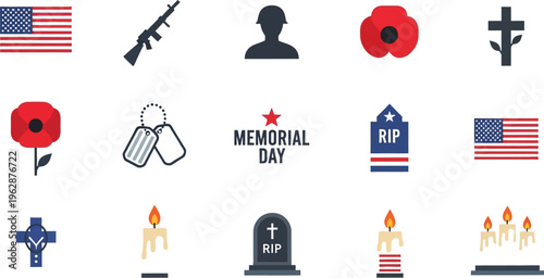 A comprehensive collection of flat design icons representing Memorial Day, remembrance, and military service, isolated on a white background.