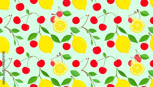 Seamless Fruit Pattern Featuring Bright Yellow Lemons and Red Cherries for Textile and Wallpaper Design