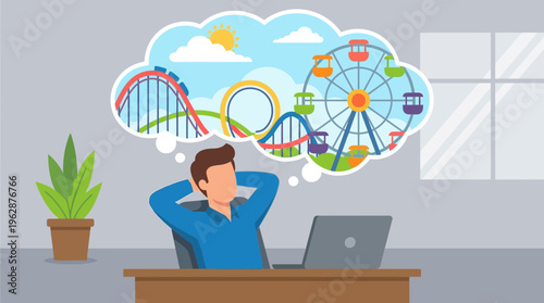 A 2d vector of a remote worker at a desk dreaming of a vibrant vacation, reflecting hybrid work stress.