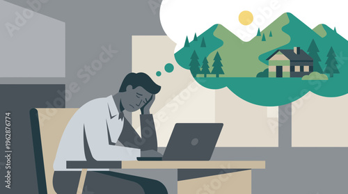 A stressed 2d vector man at his desk, overwhelmed by hybrid work, dreams of a peaceful mountain vacation.