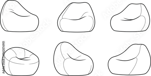 Set of six simple vector outlines of bean bag chairs, comfortable modern furniture for relaxation and home decor.