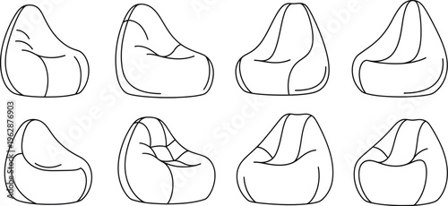 A collection of various bean bag chairs presented in a simple, clean line art style, perfect for design elements.