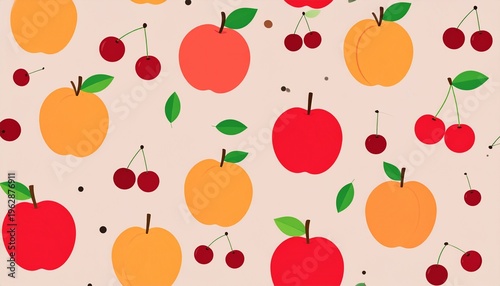 Vibrant Flat Vector Fruit Pattern Featuring Apples Peaches and Cherries on a Pastel Background