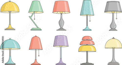 A diverse collection of ten colorful table lamps in various designs and styles, isolated on a white background.