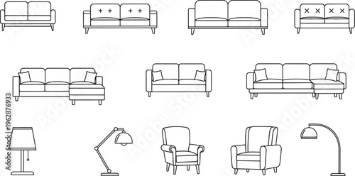 Minimalist line art icons of various home furniture including comfortable sofas, elegant armchairs, and modern lamps.