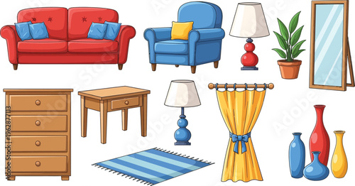 Collection of various colorful household furniture and decor items, including sofas, chairs, lamps, and vases, on a clean white background.