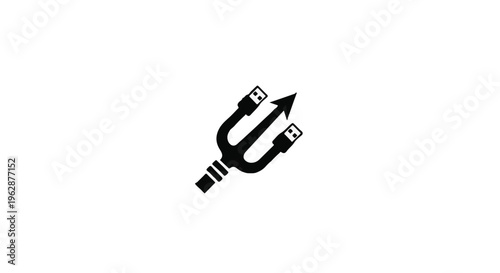 A stylized trident symbol crafted entirely from intertwined black USB and Ethernet network cables pointing upward against a stark white background.