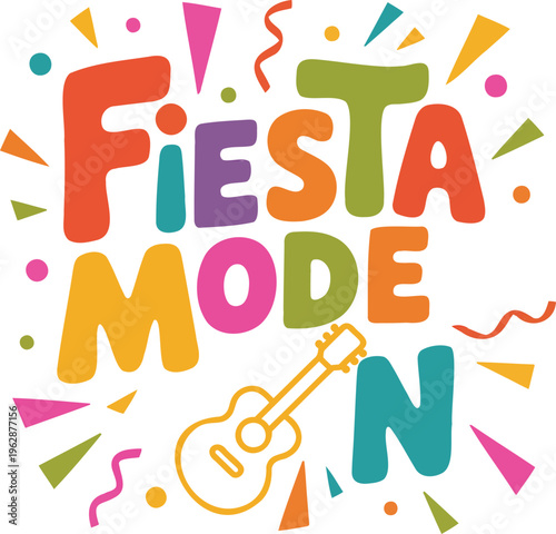 Fiesta mode text with guitar and confetti illustration typography