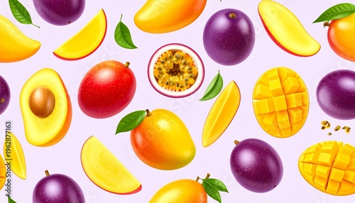 Seamless Tropical Fruit Pattern with Juicy Mangoes and Passion Fruits on a Soft Purple Background