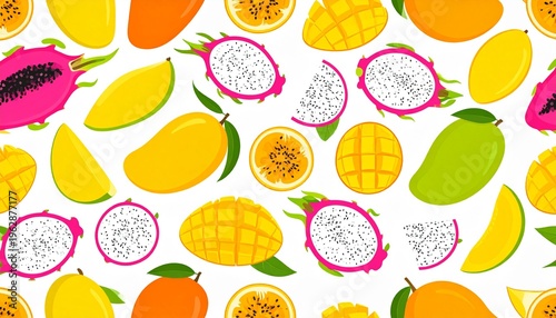 Seamless Pattern of Vibrant Tropical Fruits Featuring Mango Dragon Fruit and Passion Fruit Illustrations