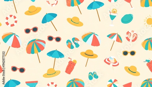 Seamless Summer Beach Vacation Seamless Pattern with Umbrellas, Sunglasses, and Cocktails