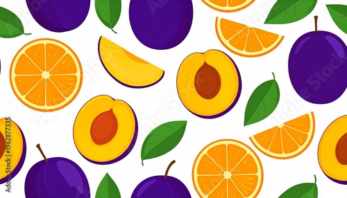 Vibrant Seamless Pattern of Fresh Purple Plums and Orange Citrus Slices with Green Leaves on White Background