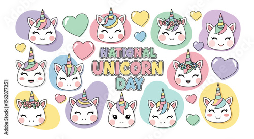 Colorful illustration of cartoon unicorn faces with hearts and text reading 'National Unicorn Day' in a whimsical fantasy design.