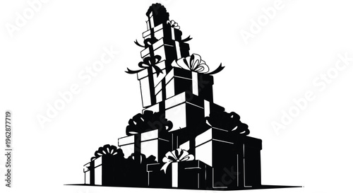 A towering silhouette stack of numerous black gift boxes tied with white ribbons creates a dramatic, overflowing pile against a stark background.