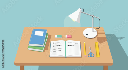 Study desk with school supplies.