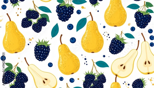 Seamless Vector Fruit Pattern Featuring Juicy Yellow Pears, Blackberries, and Blueberries on a White Background