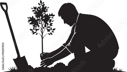 A silhouette of a dedicated gardener kneeling down while carefully planting a young green tree