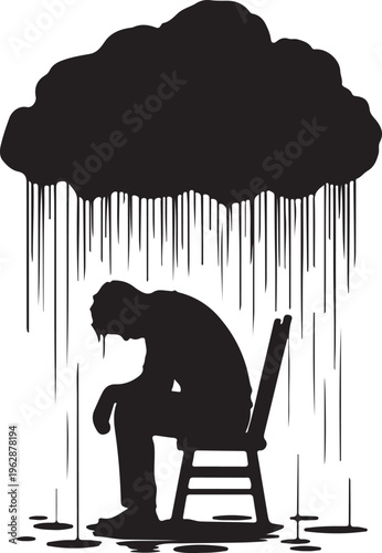 A silhouette of a lonely person sitting on a chair under a rain cloud