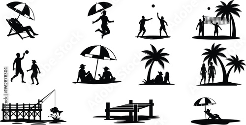 Summer beach silhouettes set, people relaxing playing volleyball fishing, tropical vacation elements, umbrella palm trees, seaside leisure, black vector collection