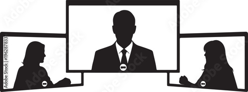 Three silhouettes of people appearing on screens during a professional business video conference call