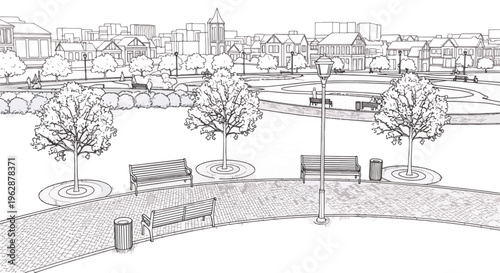 Park benches and trees in a public urban park with buildings in the distance