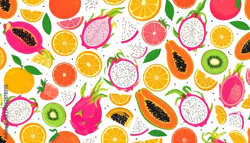 Vibrant Tropical Fruit Pattern Background with Dragon Fruit Papaya Orange Kiwi and Grapefruit Slices