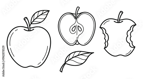 Apple fruit whole cut bitten and leaves illustration on transparent background, fruit