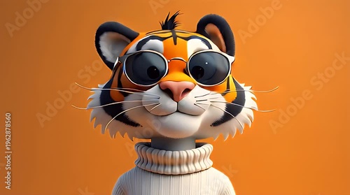 Stylized Tiger Character With Round Sunglasses And Turtleneck Sweater Bold Minimal Background 3D Illustration
