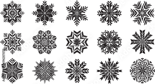 Collection of unique black snowflakes on white background