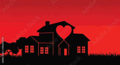 Houses with heart shaped symbol at sunset or sunrise