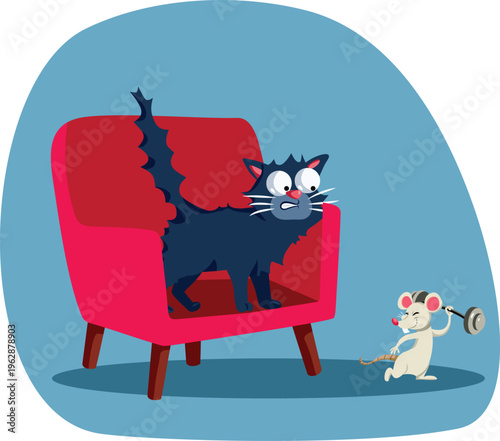 Cat on the Armchair Scared by a Strong Mouse Illustration. Role reversal in an ironic situation when the rat scares the kitty