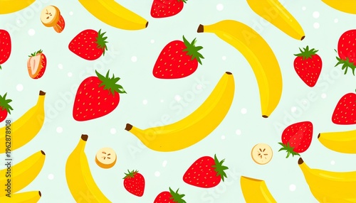Seamless Hand Drawn Fruit Pattern Featuring Ripe Strawberries and Yellow Bananas on Pastel Mint Background