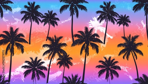 Vibrant Tropical Sunset Silhouette Seamless Pattern with Palm Trees on Neon Gradient Sky Background