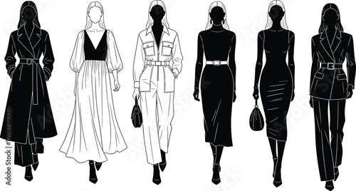 Women fashion silhouettes set, elegant outfits collection, modern female clothing styles, coats dresses business wear, vector illustration