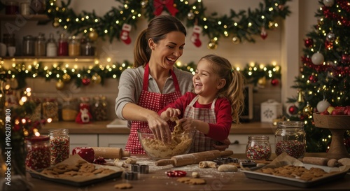 Mother and daughter baking cookies in a festive kitchen decorated for the holiday season