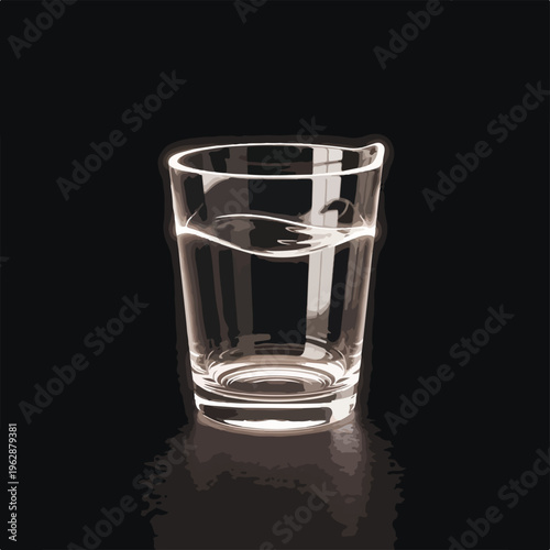 A clear glass filled with water reflects on a dark surface