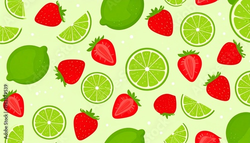 Vibrant Summer Fruit Pattern with Fresh Strawberries and Lime Slices on a Light Green Background