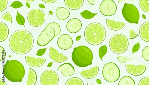 Refreshing Green Lime and Cucumber Slices Seamless Pattern for Summer Beverage Background