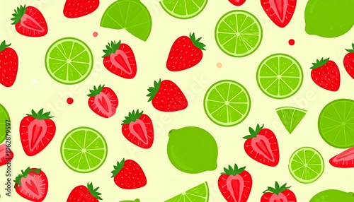 Colorful Seamless Pattern of Fresh Strawberries and Green Lime Slices for Textile and Wallpaper Design