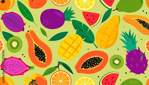 Vibrant Seamless Pattern of Tropical Exotic Fruits including Papaya Mango Dragon Fruit Kiwi and Watermelon on Green Background