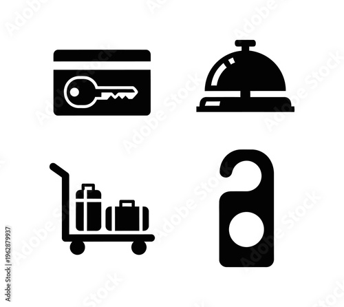 Collection of hotel icons, including key card, bell, luggage cart, and do not disturb sign, representing hospitality services