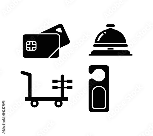 Set of hotel service icons luggage cart, credit cards, reception bell, and do not disturb sign