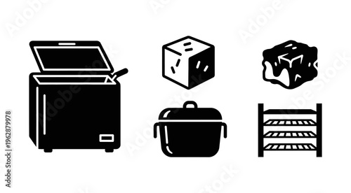 Collection of kitchen appliance and food storage icons, including a chest freezer, ice cubes, a cooking pot, and a rack