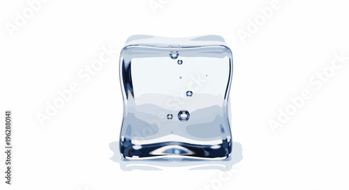 A clear, translucent, square ice cube with air bubbles on a white background